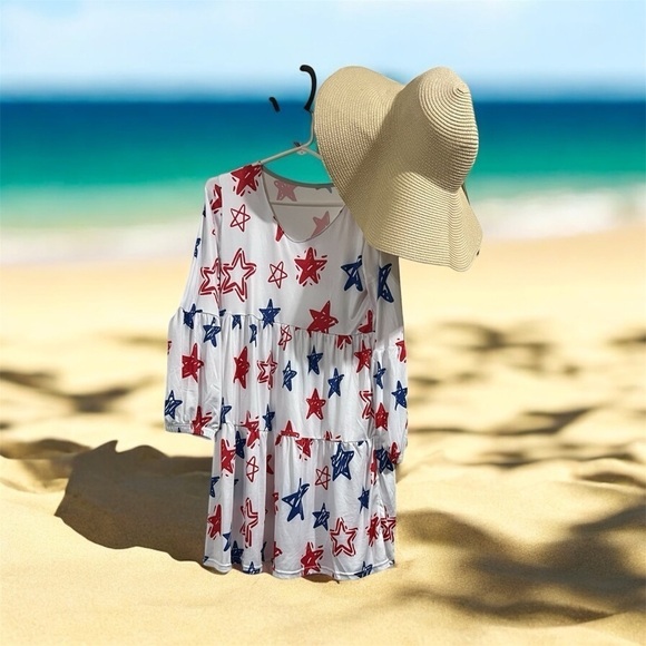 Red and Blue Stars Women's Scoop Neck Casual Flowy Dress S - Picture 1 of 5